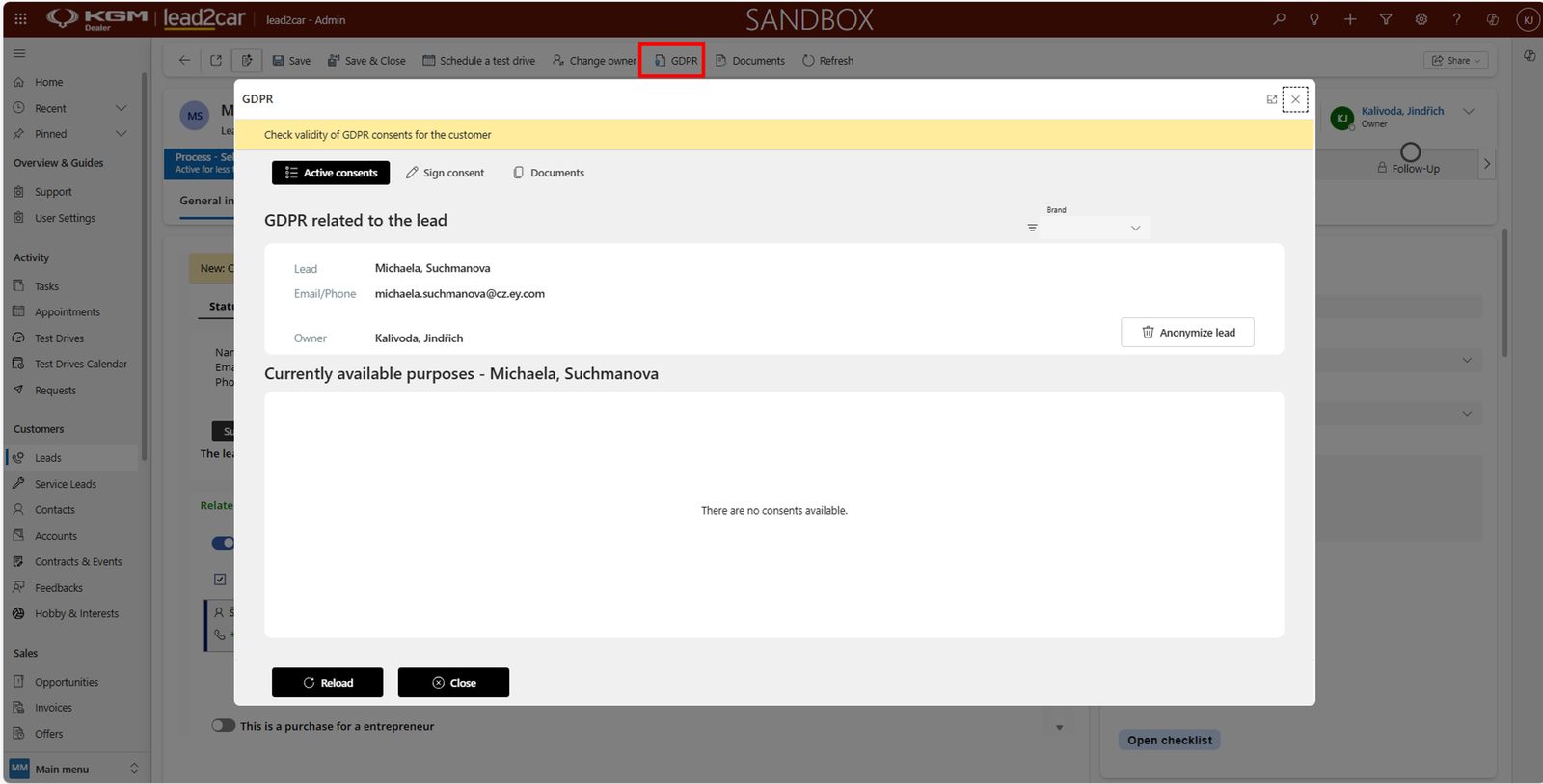 GDPR tab on lead