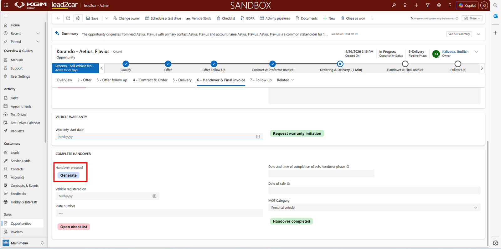 Generate handover protocol