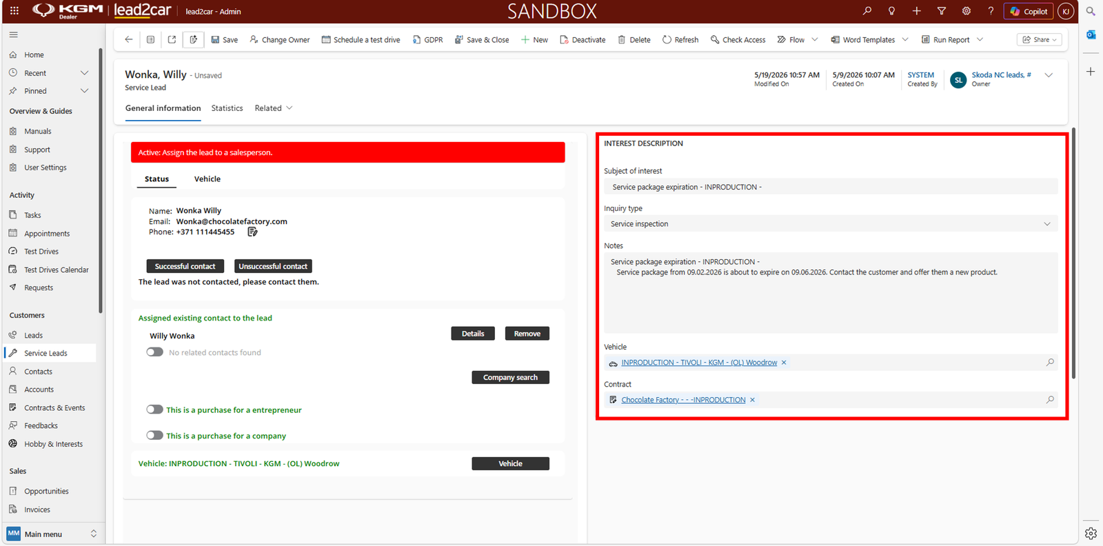 Automatic service lead creation