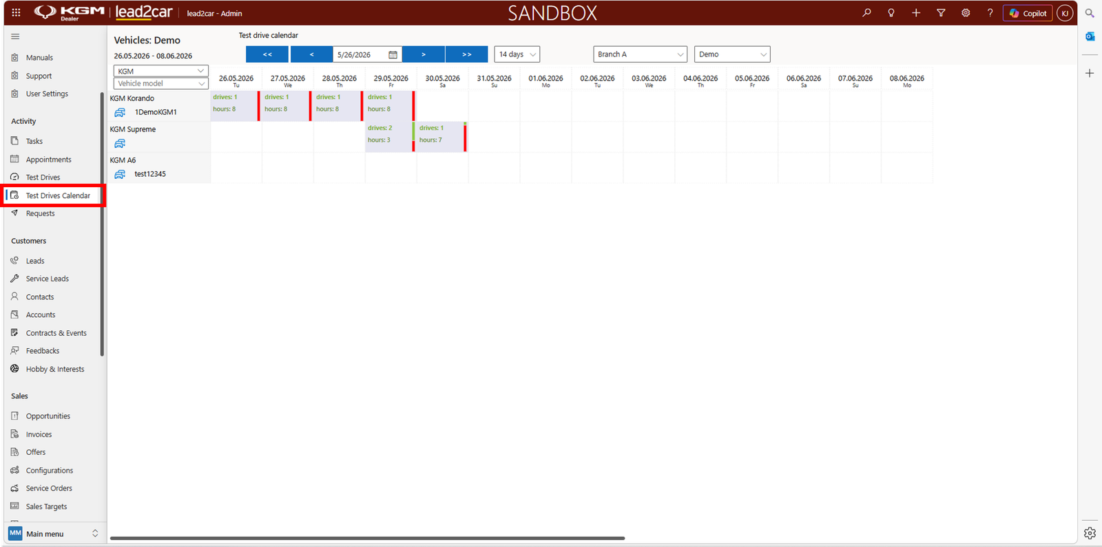 Test drives calendar overview